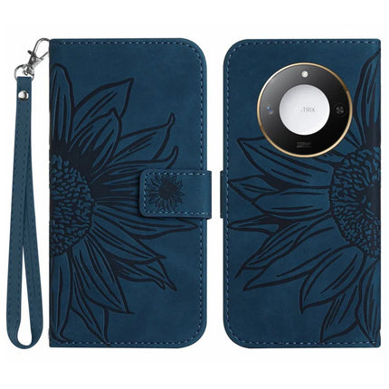 For Honor X9c Smart 5G Case Sunflower Imprint Leather Wallet Phone Cover with Wrist Strap - Dark Blue