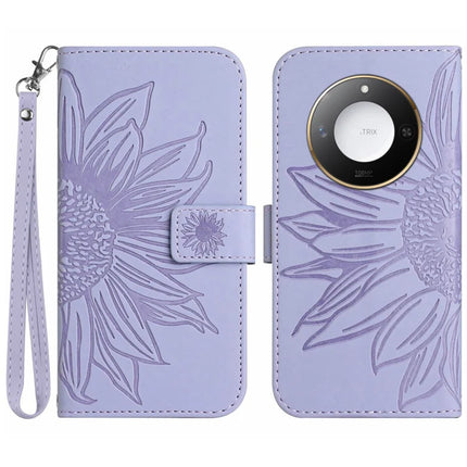 For Honor X9c Smart 5G Case Sunflower Imprint Leather Wallet Phone Cover with Wrist Strap - Light Purple