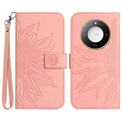 For Honor X9c Smart 5G Case Sunflower Imprint Leather Wallet Phone Cover with Wrist Strap - Light Pink