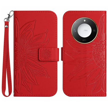 For Honor X9c Smart 5G Case Sunflower Imprint Leather Wallet Phone Cover with Wrist Strap - Red