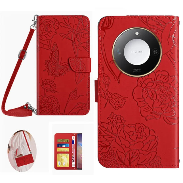 For Honor X9c Smart 5G Case Butterfly Flower Imprint Leather Phone Cover with Shoulder Strap - Red