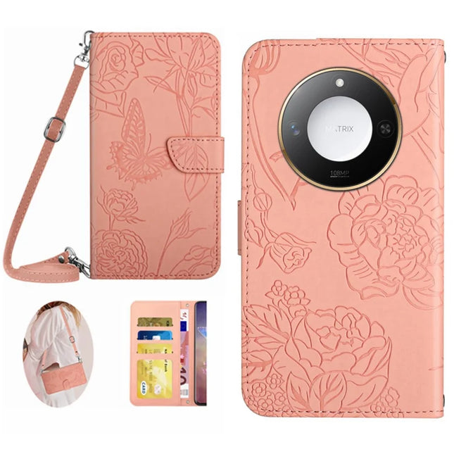 For Honor X9c Smart 5G Case Butterfly Flower Imprint Leather Phone Cover with Shoulder Strap - Pink