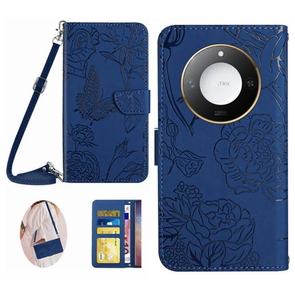 For Honor X9c Smart 5G Case Butterfly Flower Imprint Leather Phone Cover with Shoulder Strap - Blue