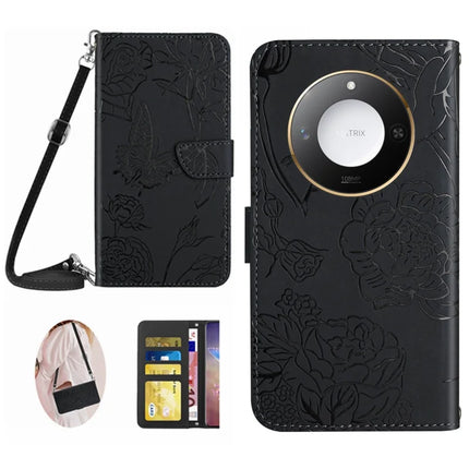 For Honor X9c Smart 5G Case Butterfly Flower Imprint Leather Phone Cover with Shoulder Strap - Black