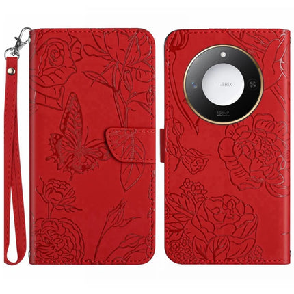 For Honor X9c Smart 5G Case Butterfly Flower Imprinted Leather Phone Cover with Strap - Red