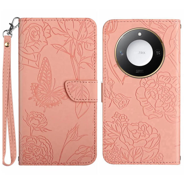 For Honor X9c Smart 5G Case Butterfly Flower Imprinted Leather Phone Cover with Strap - Pink