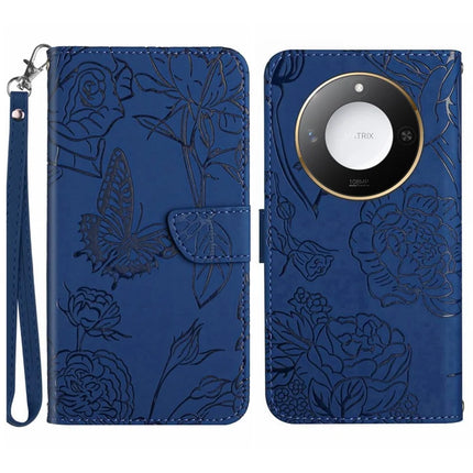 For Honor X9c Smart 5G Case Butterfly Flower Imprinted Leather Phone Cover with Strap - Blue
