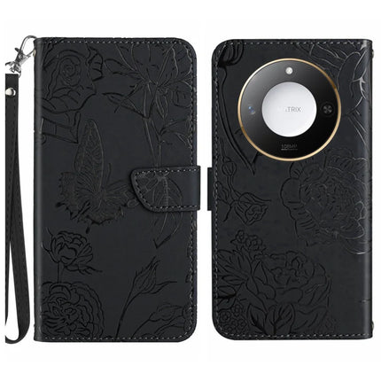 For Honor X9c Smart 5G Case Butterfly Flower Imprinted Leather Phone Cover with Strap - Black