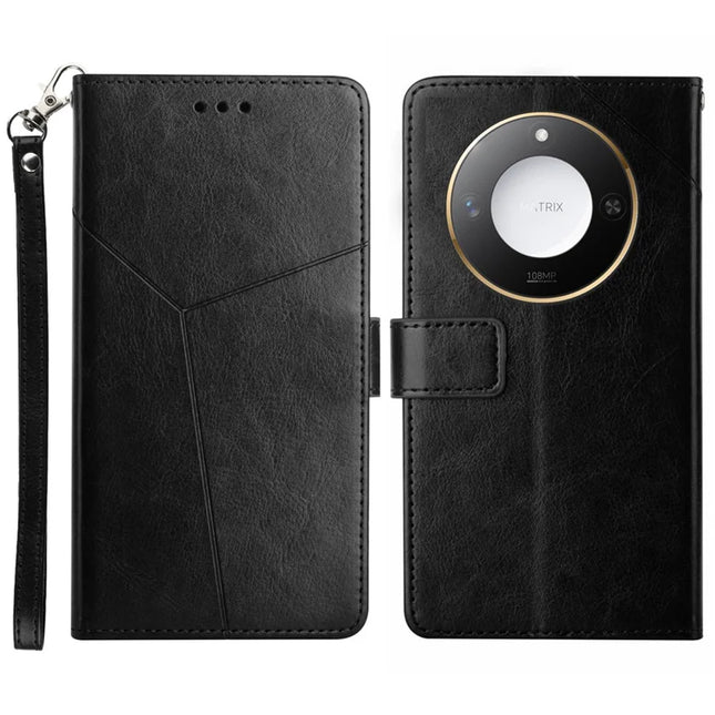 For Honor X9c Smart 5G Case Y Shaped Lines Imprint Leather Phone Cover - Black