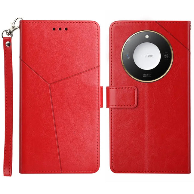 For Honor X9c Smart 5G Case Y Shaped Lines Imprint Leather Phone Cover - Red