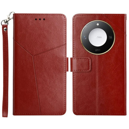 For Honor X9c Smart 5G Case Y Shaped Lines Imprint Leather Phone Cover - Brown