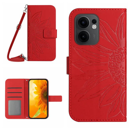 For Oppo Reno13 F 4G / 5G Case Sunflower Imprint PU Leather Phone Cover with Long Strap - Red