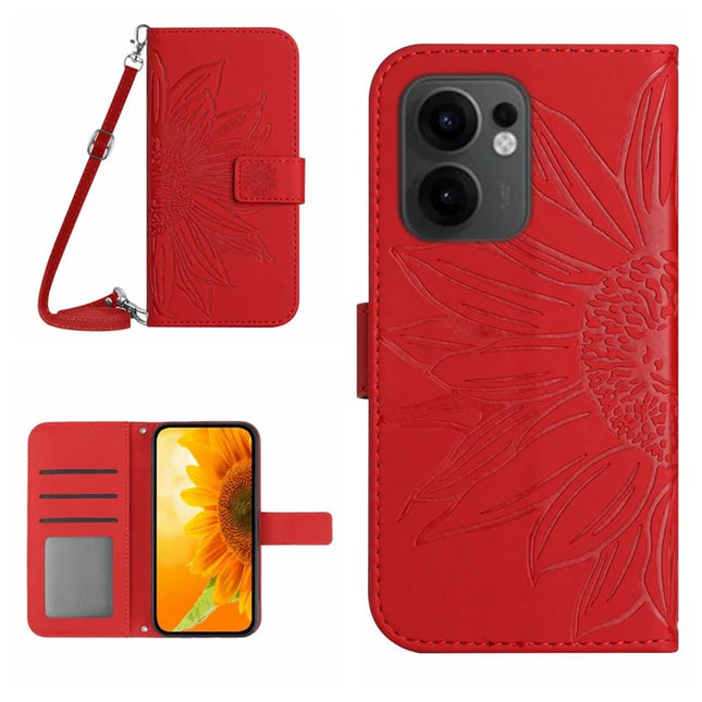 For Oppo Reno13 F 4G / 5G Case Sunflower Imprint PU Leather Phone Cover with Long Strap - Red