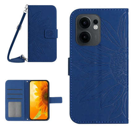 For Oppo Reno13 F 4G / 5G Case Sunflower Imprint PU Leather Phone Cover with Long Strap - Sapphire