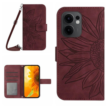 For Oppo Reno13 F 4G / 5G Case Sunflower Imprint PU Leather Phone Cover with Long Strap - Wine Red