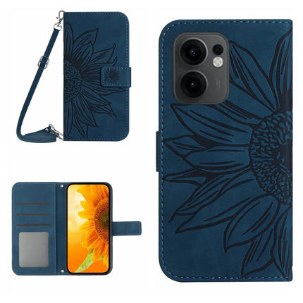 For Oppo Reno13 F 4G / 5G Case Sunflower Imprint PU Leather Phone Cover with Long Strap - Dark Blue
