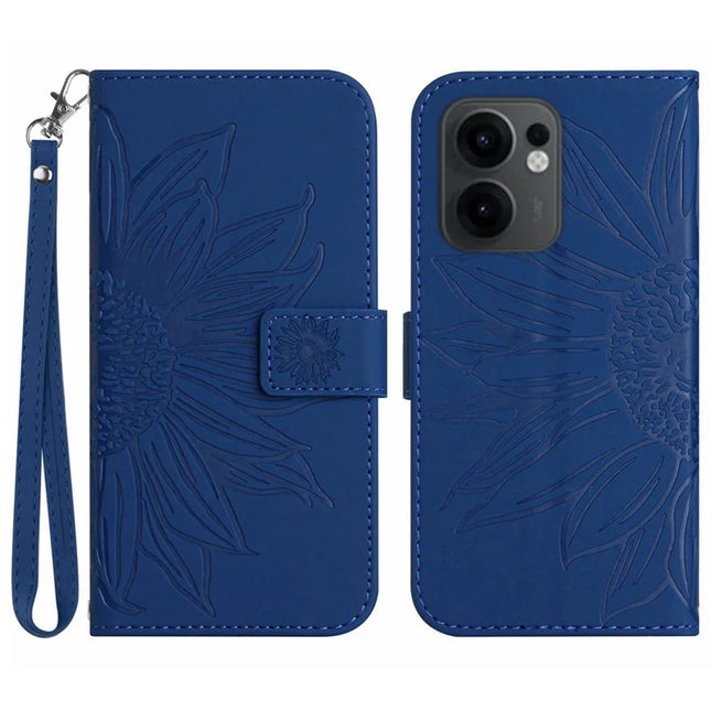 For Oppo Reno13 F 5G / 4G Case Sunflower Imprint Leather Wallet Phone Cover with Wrist Strap - Sapphire