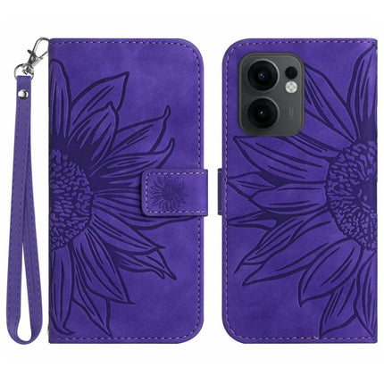 For Oppo Reno13 F 5G / 4G Case Sunflower Imprint Leather Wallet Phone Cover with Wrist Strap - Dark Purple