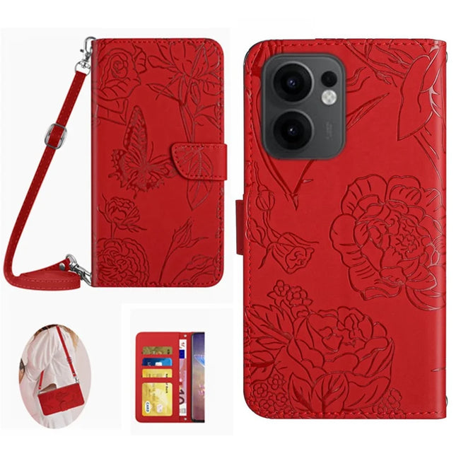 For Oppo Reno13 F 4G / 5G Case Butterfly Flower Imprint Leather Phone Cover with Shoulder Strap - Red