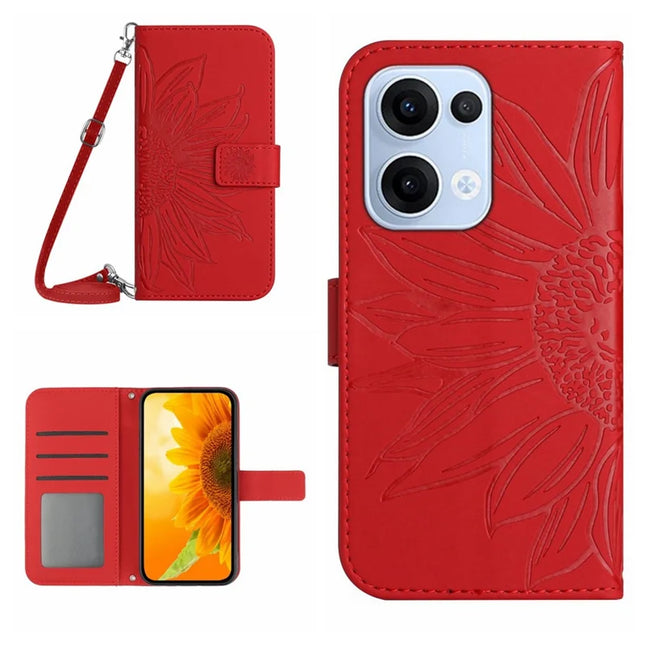 For Oppo Reno13 5G (Global) Case Sunflower Imprint PU Leather Phone Cover with Long Strap - Red