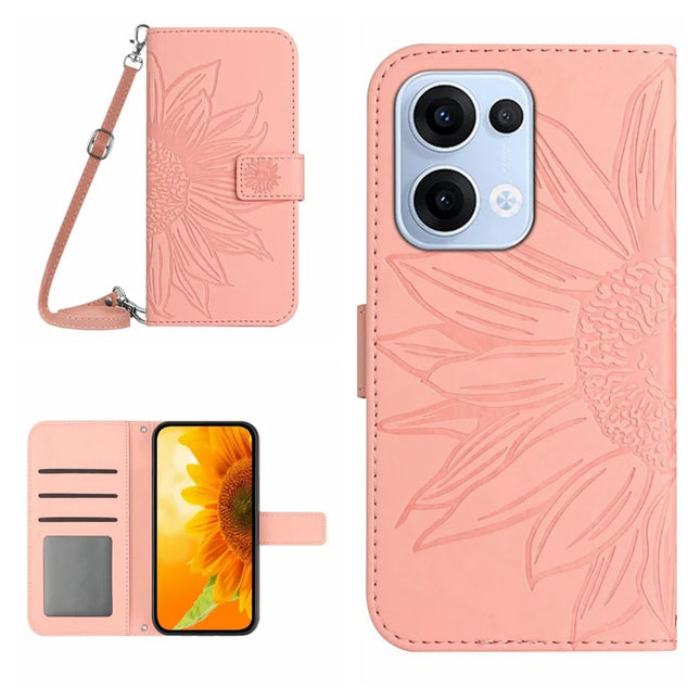 For Oppo Reno13 5G (Global) Case Sunflower Imprint PU Leather Phone Cover with Long Strap - Light Pink