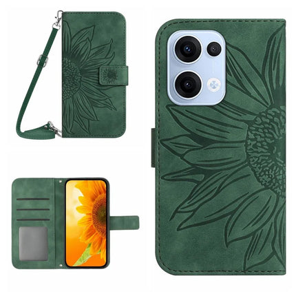 For Oppo Reno13 5G (Global) Case Sunflower Imprint PU Leather Phone Cover with Long Strap - Dark Green