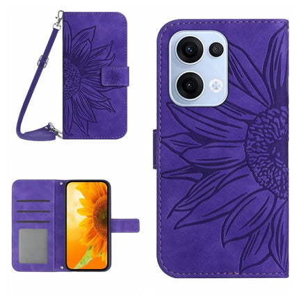 For Oppo Reno13 5G (Global) Case Sunflower Imprint PU Leather Phone Cover with Long Strap - Dark Purple