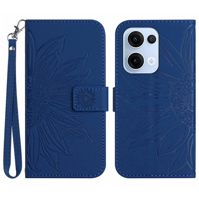 For Oppo Reno13 5G (Global) Case Sunflower Imprint Leather Wallet Phone Cover with Wrist Strap - Sapphire