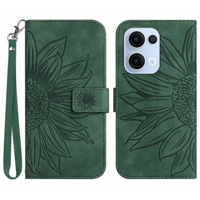 For Oppo Reno13 5G (Global) Case Sunflower Imprint Leather Wallet Phone Cover with Wrist Strap - Dark Green