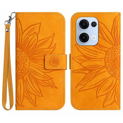 For Oppo Reno13 5G (Global) Case Sunflower Imprint Leather Wallet Phone Cover with Wrist Strap - Yellow