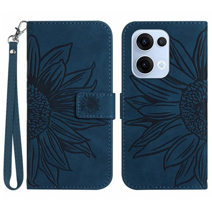 For Oppo Reno13 5G (Global) Case Sunflower Imprint Leather Wallet Phone Cover with Wrist Strap - Dark Blue