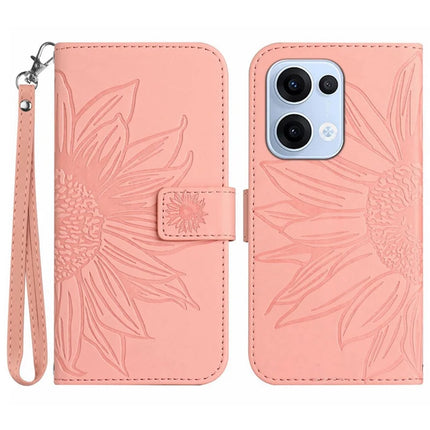 For Oppo Reno13 5G (Global) Case Sunflower Imprint Leather Wallet Phone Cover with Wrist Strap - Light Pink