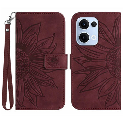 For Oppo Reno13 5G (Global) Case Sunflower Imprint Leather Wallet Phone Cover with Wrist Strap - Wine Red