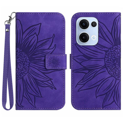 For Oppo Reno13 5G (Global) Case Sunflower Imprint Leather Wallet Phone Cover with Wrist Strap - Dark Purple