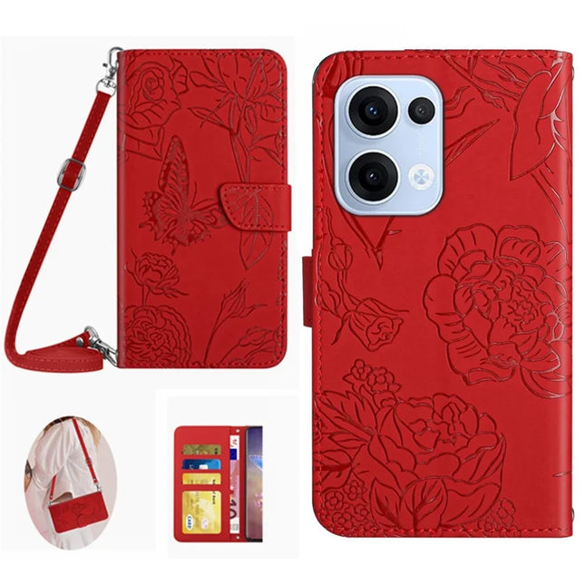 For Oppo Reno13 5G (Global) Case Butterfly Flower Imprint Leather Phone Cover with Shoulder Strap - Red