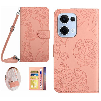 For Oppo Reno13 5G (Global) Case Butterfly Flower Imprint Leather Phone Cover with Shoulder Strap - Pink