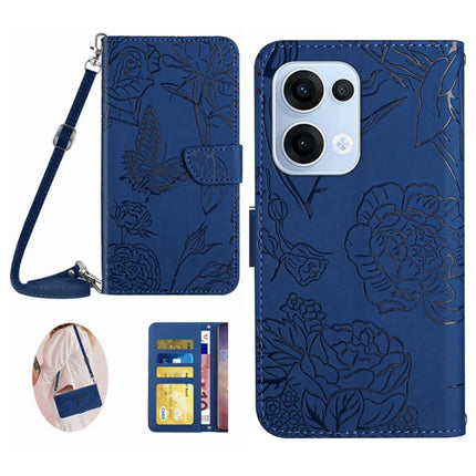 For Oppo Reno13 5G (Global) Case Butterfly Flower Imprint Leather Phone Cover with Shoulder Strap - Blue