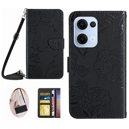 For Oppo Reno13 5G (Global) Case Butterfly Flower Imprint Leather Phone Cover with Shoulder Strap - Black