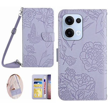 For Oppo Reno13 5G (Global) Case Butterfly Flower Imprint Leather Phone Cover with Shoulder Strap - Purple