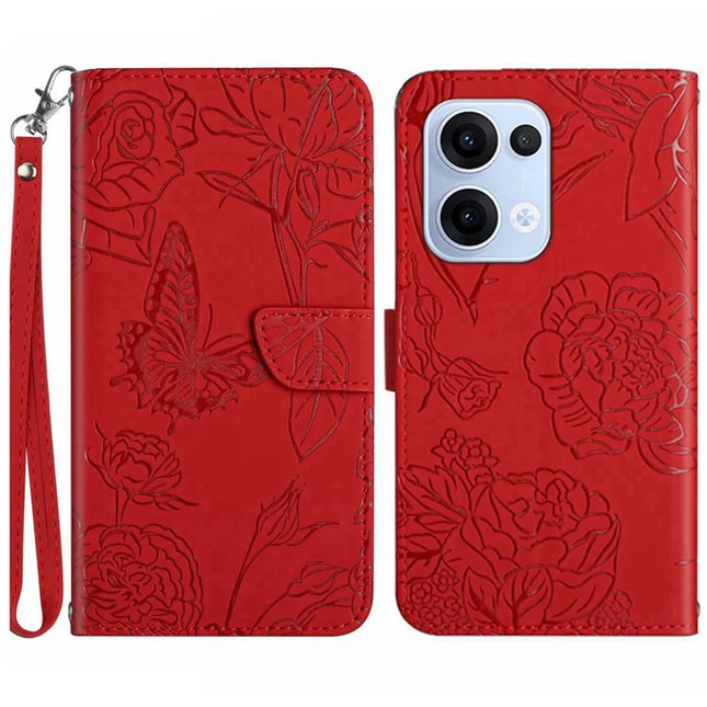 For Oppo Reno13 5G (Global) Case Butterfly Flower Imprinted Leather Phone Cover with Strap - Red