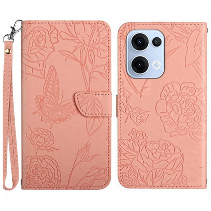 For Oppo Reno13 5G (Global) Case Butterfly Flower Imprinted Leather Phone Cover with Strap - Pink