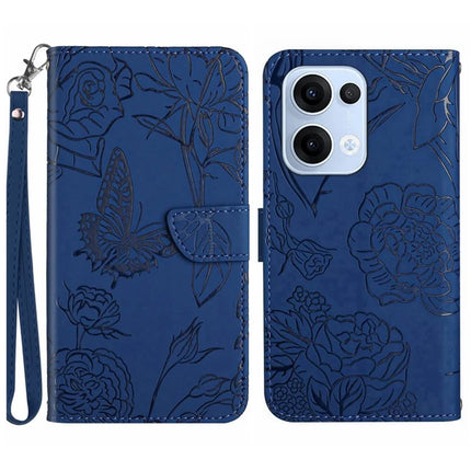 For Oppo Reno13 5G (Global) Case Butterfly Flower Imprinted Leather Phone Cover with Strap - Blue