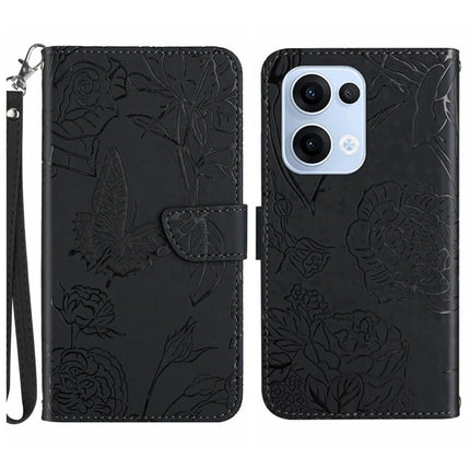 For Oppo Reno13 5G (Global) Case Butterfly Flower Imprinted Leather Phone Cover with Strap - Black