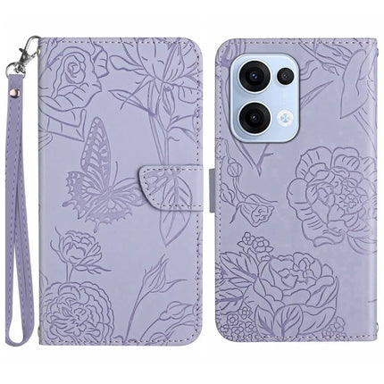 For Oppo Reno13 5G (Global) Case Butterfly Flower Imprinted Leather Phone Cover with Strap - Purple