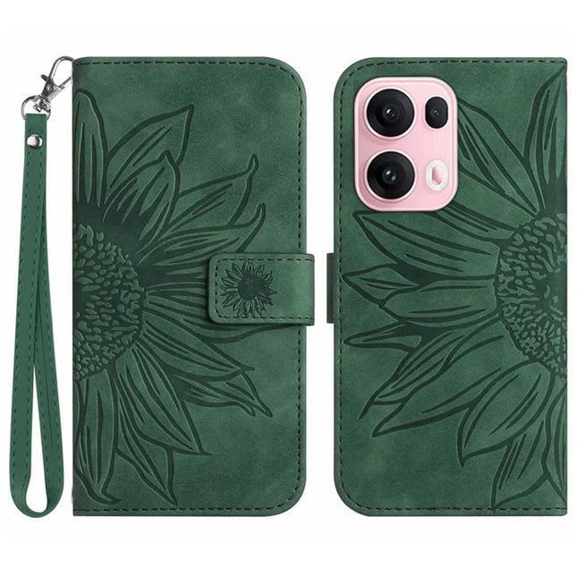 For Oppo Reno13 Pro 5G Case Sunflower Imprint Leather Wallet Phone Cover with Wrist Strap - Dark Green