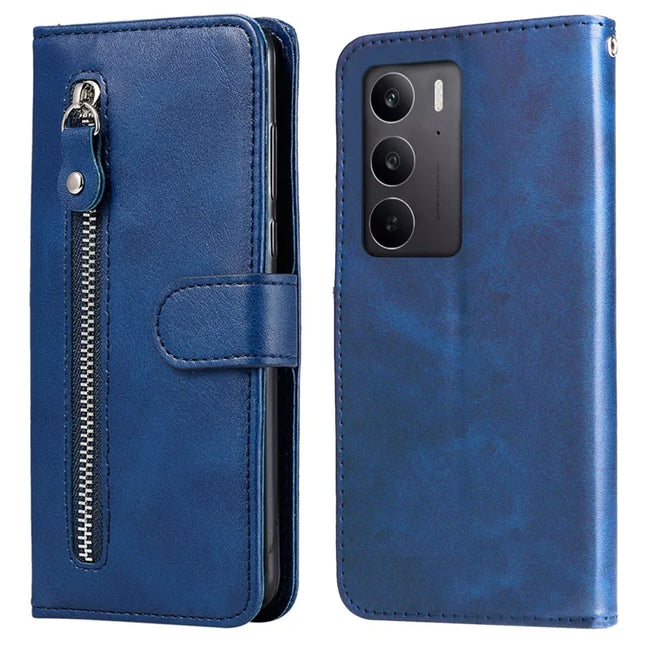 For Realme C75 / 14x 5G Case Zipper Wallet Calf Texture PU Leather Phone Cover - Blue