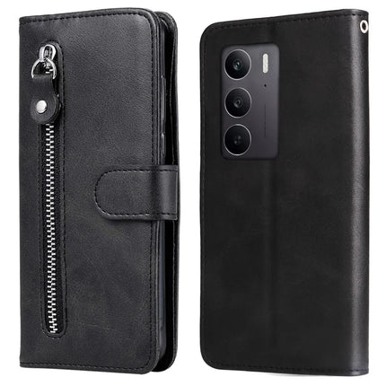 For Realme C75 / 14x 5G Case Zipper Wallet Calf Texture PU Leather Phone Cover - Black