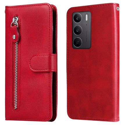 For Realme C75 / 14x 5G Case Zipper Wallet Calf Texture PU Leather Phone Cover - Red