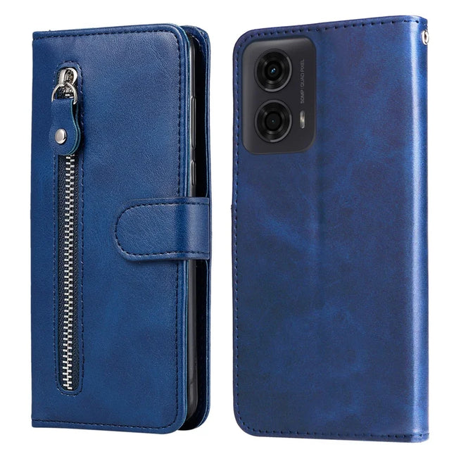 Zipper Wallet Case for Motorola Moto G04 4G / G24 4G / G04s 4G / E14 4G PU Leather Phone Cover Calf Texture - Blue