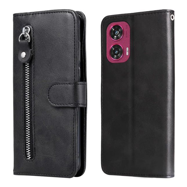 For Motorola Edge 50 Fusion 5G Case Zipper Wallet Calf Texture PU Leather Phone Cover - Black